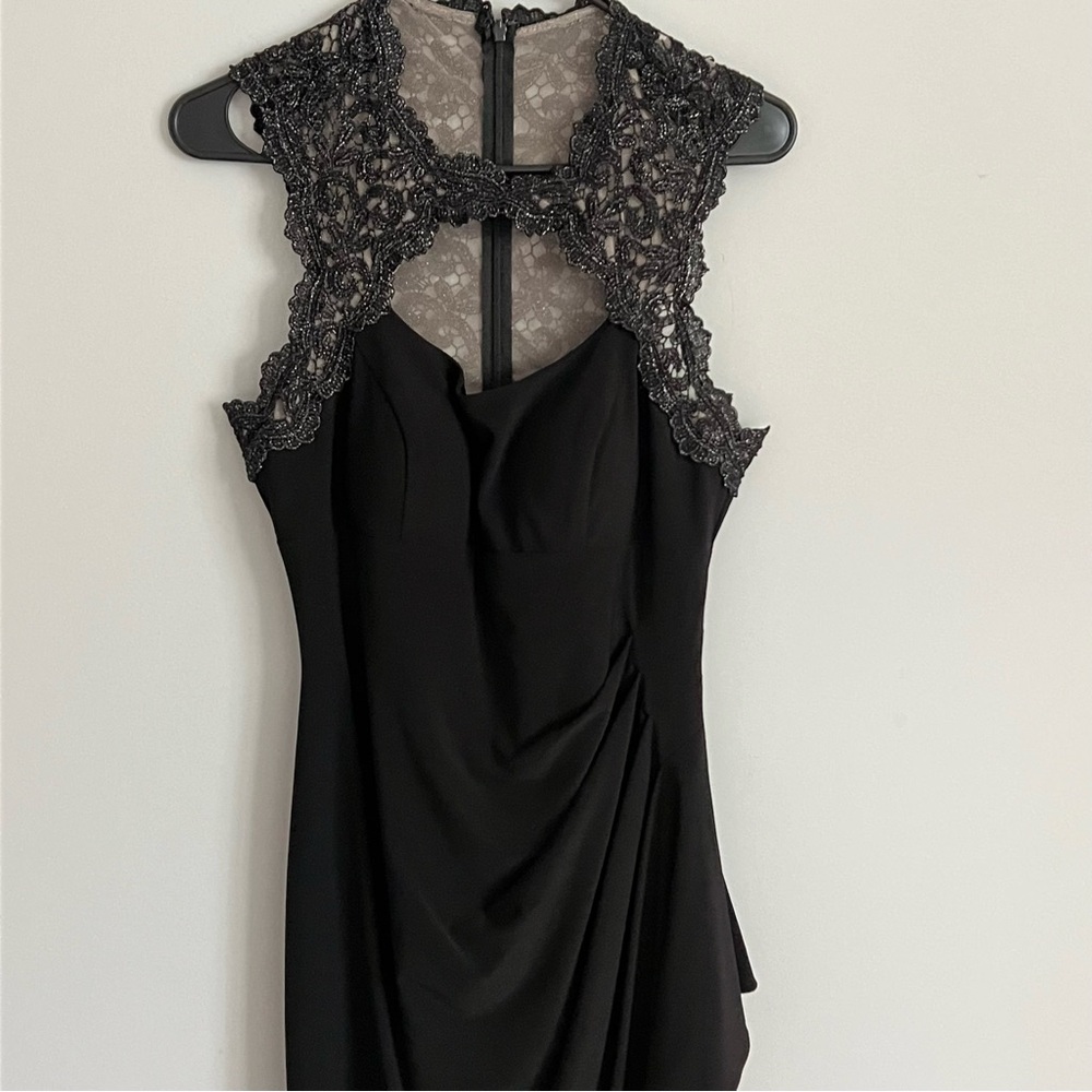 Xscape Black Crochet Back Ruche Draped Fitted Cocktail Dress - Picture 2 of 11